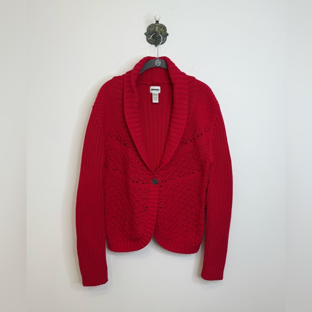 Chico's Red Ribbed Knit Crochet Cardigan Sweater Shawl Collar Women's Size Large